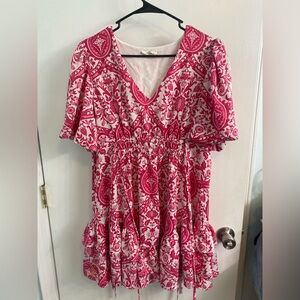 entro Pink and White V-Neck Tiered Mini Dress